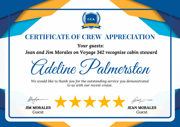 Personalised Cruise Crew Appreciation Certificate