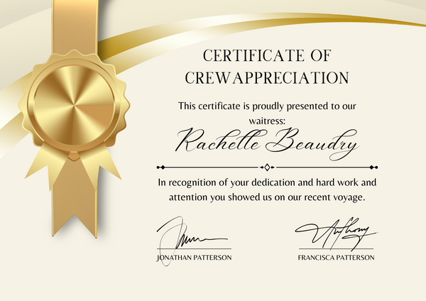 Personalised Cruise Crew Appreciation Certificate